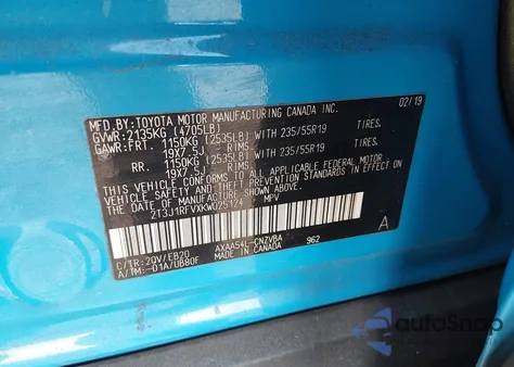 2019 Toyota Rav4 Adventure z USA, uszkodzony, nr VIN 2T3J1RFVXKW025124